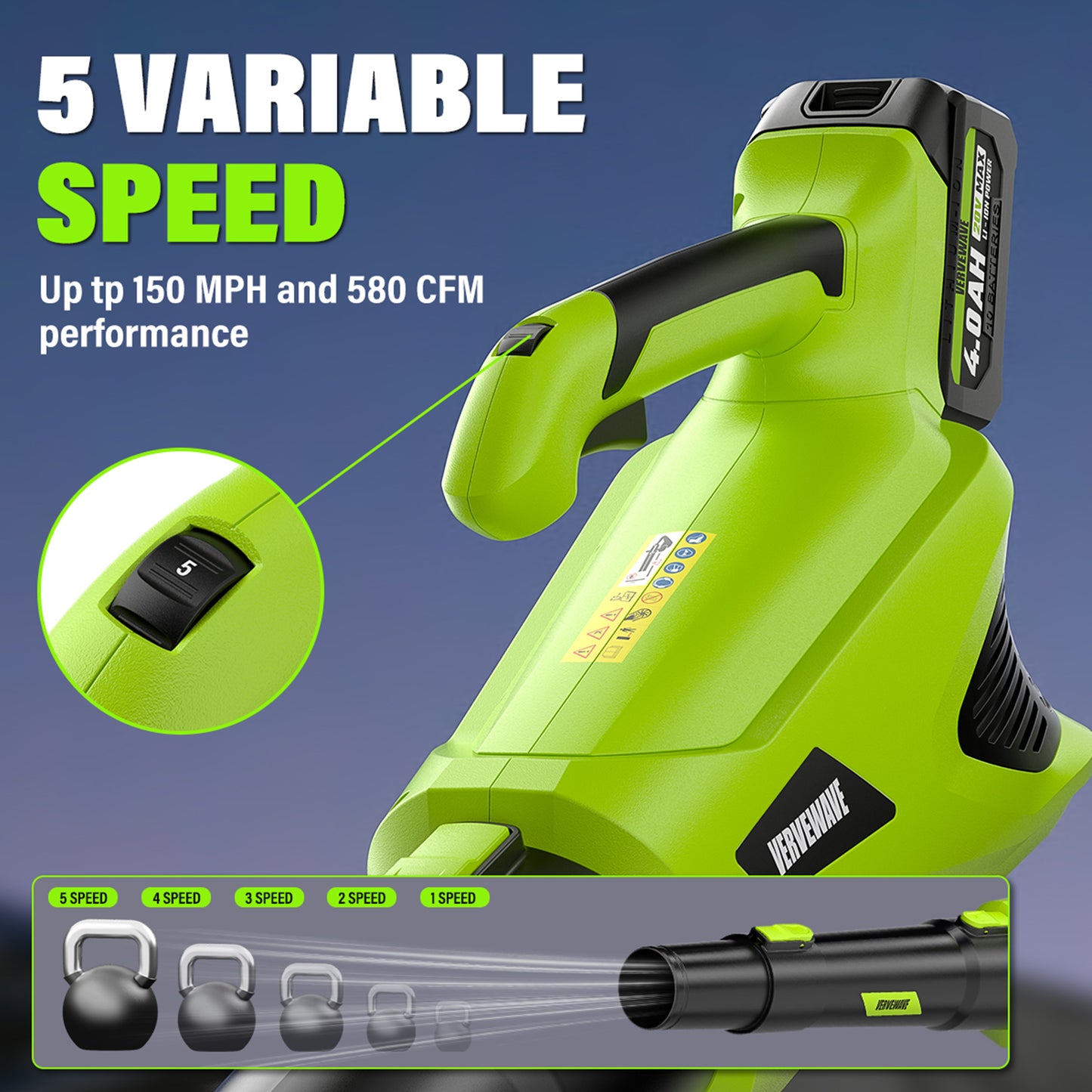 VERVEWAVE Leaf Blower - 580CFM 20V Leaf Blower Cordless with 2 X 4.0Ah Battery & Charger,5-Speed Dial Electric Blower Handheld, Lightweight Powerful Battery Operated for Lawn Care, Jobsite