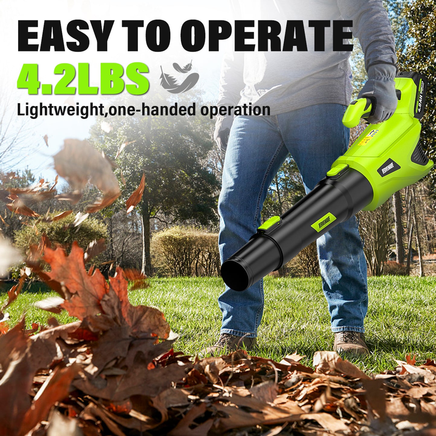 VERVEWAVE Leaf Blower - 580CFM 20V Leaf Blower Cordless with 2 X 4.0Ah Battery & Charger,5-Speed Dial Electric Blower Handheld, Lightweight Powerful Battery Operated for Lawn Care, Jobsite