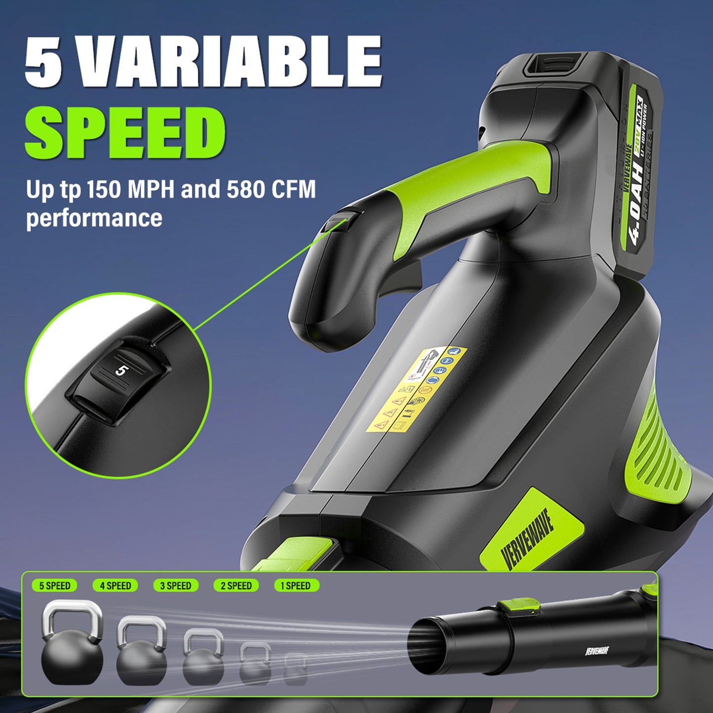 VERVEWAVE Leaf Blower - 580CFM 20V Leaf Blower Cordless with 2 X 4.0Ah Battery & Charger,5-Speed Dial Electric Blower Handheld, Lightweight Powerful Battery Operated for Lawn Care, Jobsite